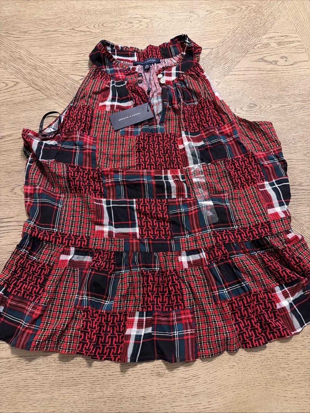 Tommy Hilfiger Womens High-Neck Plaid Peplum-Hem Top,Scarlet Multi,XL,MSRP$69.50